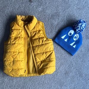 Yellow kids Puffer Vest and Blue Monster Beanie Set